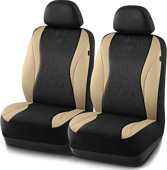 Skechers Car Seat Covers,Leather Seat Covers with GOGA Mat Technology,Waterproof Car Seat Covers Front Seats,Airbag Compatible,Comfort Universal Fit for Most Cars,Vans,Trucks,SUVs,Beige