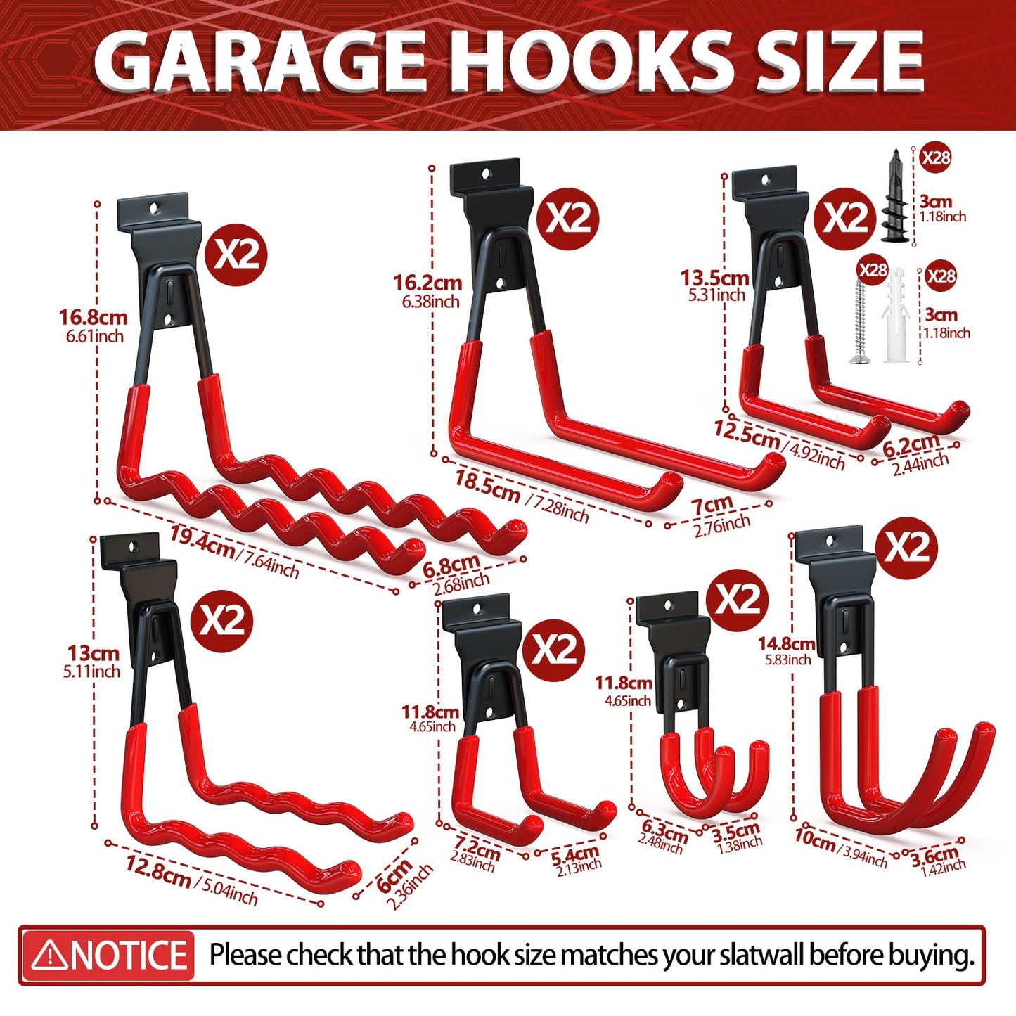 3-H Slatwall Accessories 14 Pack, Slatwall Hooks & Hangers 7 Sizes, Slat Wall Hanging Hooks, Proslat Accessories for Garage Wall Panels Organzing Garden Tools Chairs Ladder(Red)