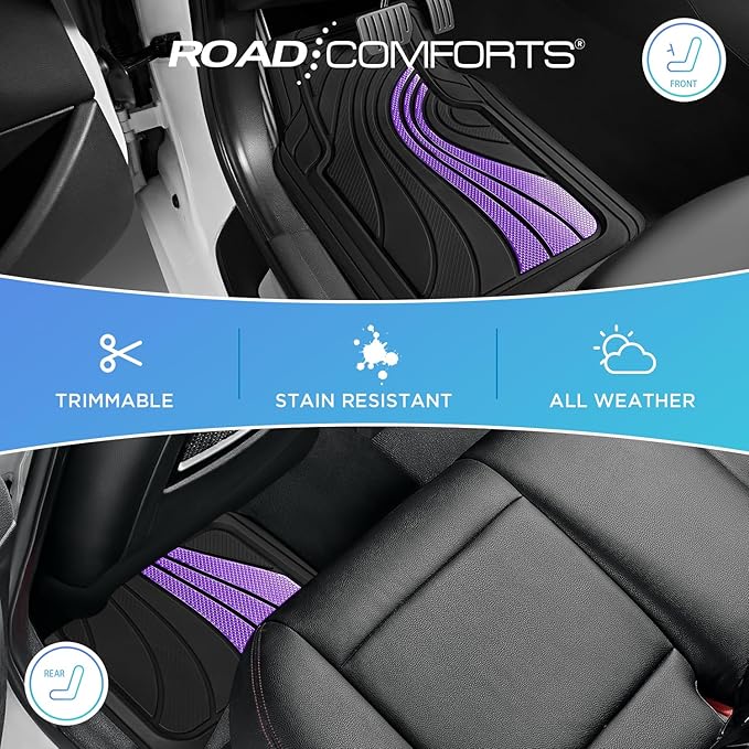 Road Comforts Car Floor Mats Full Set – Front & Rear Car Floor Mats with Aluminum Design, Anti-Slip Backing, All-Weather Protection, Trim-to-Fit Car Mats for Most Sedans, SUVs & Vans - Lighet Purple