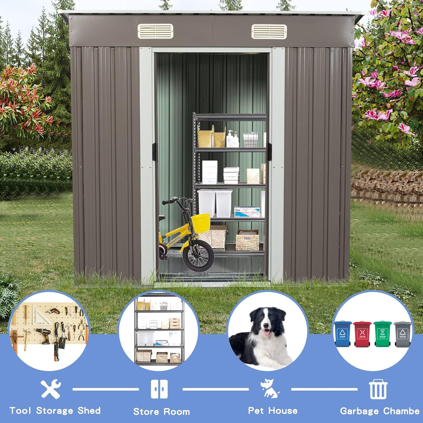 6 x 4 FT Outdoor Storage Shed,Metal Anti-Corrosion Utility Tool House with Punched Vents, w/Sliding Doors & Padlock,Waterproof Garden Sheds for Backyard Lawn Patio,Grey