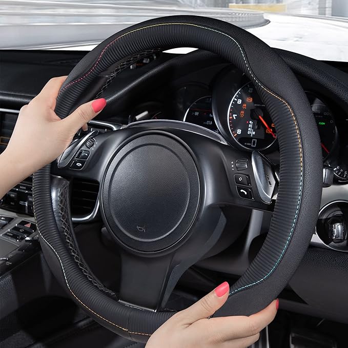 CAR PASS Colour Piping Leather Universal Fit Steering Wheel Cover,Perfectly fit for 14.5-15 inches for Various Vehicles Suvs,Vans,Trucks,Sedans,Cars(Black Multicolor)