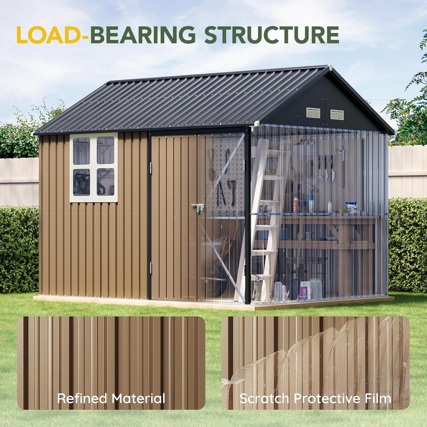 Breezz 8X10FT Outdoor Steel Storage Shed with Clear Window, Lockable Doors, Weather-Resistant Metal Tool Shed for Garden, Backyard, Patio, and Utility Storage.Brown