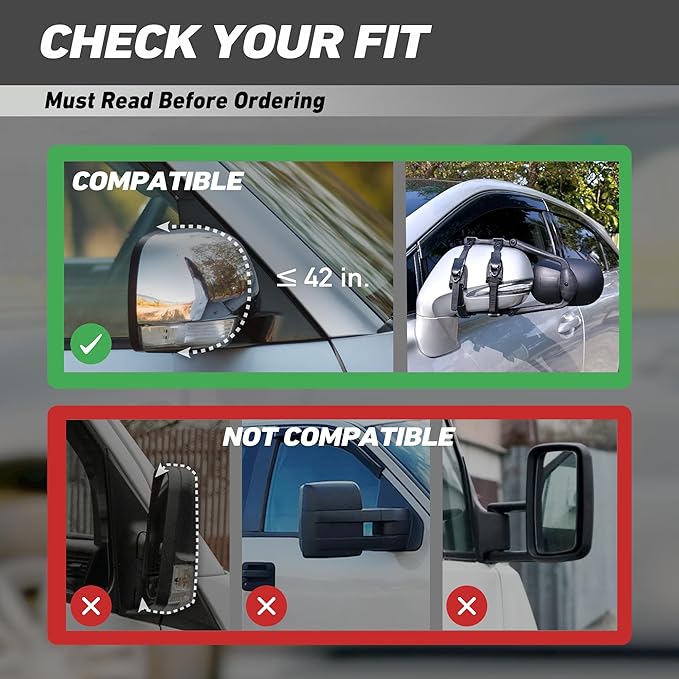 Extended Towing Mirrors, Universal Clip-On Side Mirror Extensions for Pickups, RVs, and Trailers, Tow Mirrors with Extenders (Model MG91)