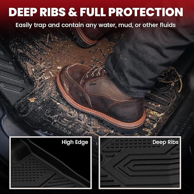 LASFIT Floor Mats for Ram 1500 Quad Cab 2019-2024 Bucket Seat Without 2nd Row Under seat Storage, All Weather TPE Custom Fit Car Mats Floor Liners 1st & 2nd Row, Black（ Not Fit 1500 Classic Model）