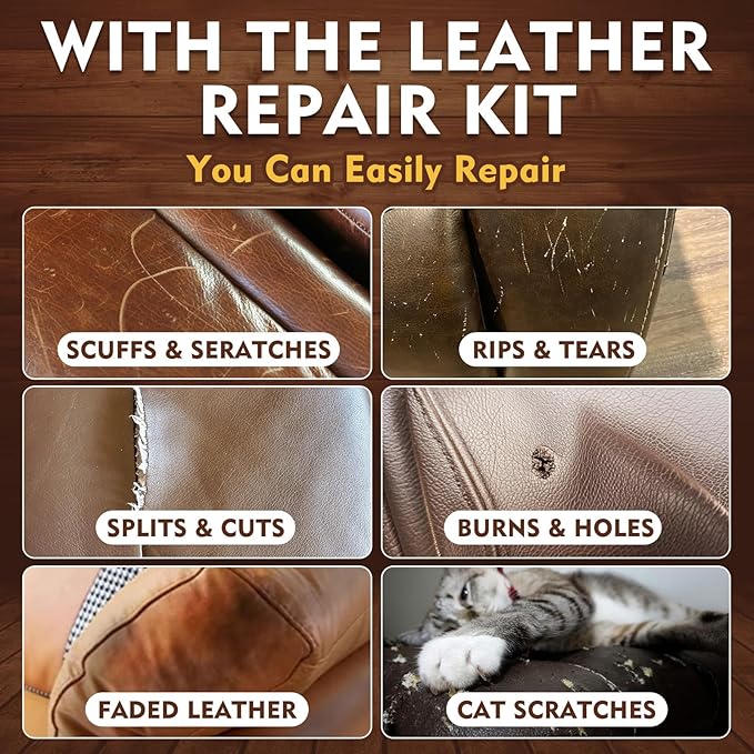 Brown Leather Repair Kit for Furniture, Leather Couch Repair Kit for Car Interior, Sofa, Purse and Jacket, Restore Any Material with Super Easy Instructions to Fix Scratches, Tears, Holes, Peeling