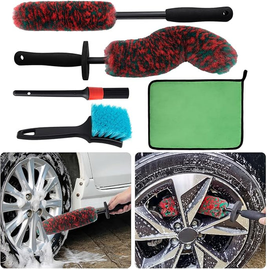 5 Pack Car Wheel and Tire Cleaner Brushes Kit Auto Motorcycle Rim Ultra Soft Microfiber Bendable No Spatter Woolies Bristle Cleaning Set (Red & Green)