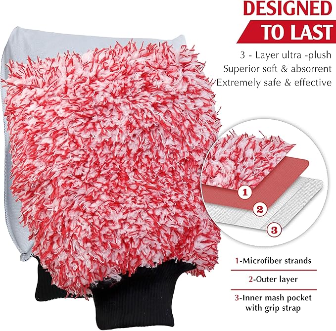 TAKAVU Microfiber Cleaning Mitt, 2 Pack Premium Cyclone Car Washing Gloves, Scratch-Free Lint-Free Wash Mitts, Holds Tons of Sudsy Water for Effective Washing, Machine Washable (Red & White)