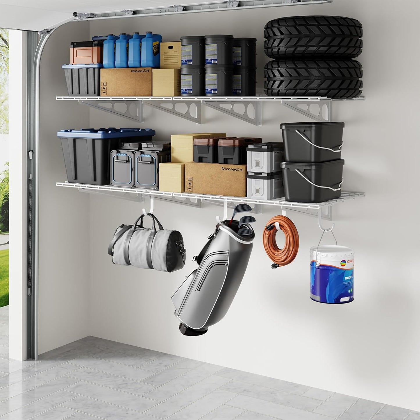 FLEXIMOUNTS 2-Pack 2x6ft Garage Shelving with Hooks, 24-inch-by-72-inch Wall Shelf Garage Storage Racks Floating Shelves, White