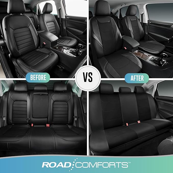 Road Comforts Car Seat Cover Full Set, Leather Mesh Seat Covers, Airbag Compatible, Universal Fit for Most Cars, SUVs, Trucks, and Vans - Black
