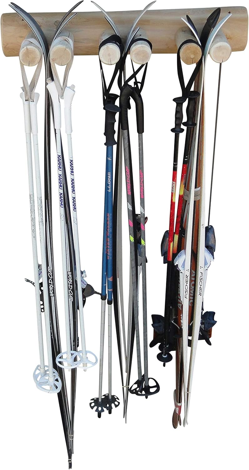 6-Place Log Ski Rack Wall Mount, Indoor Ski Storage Rack for Garage Organizers, Wooden Skis Wall Mount Storage Racks, Pole Skis Sports Racks, Garage Organization Walls - Unfinished