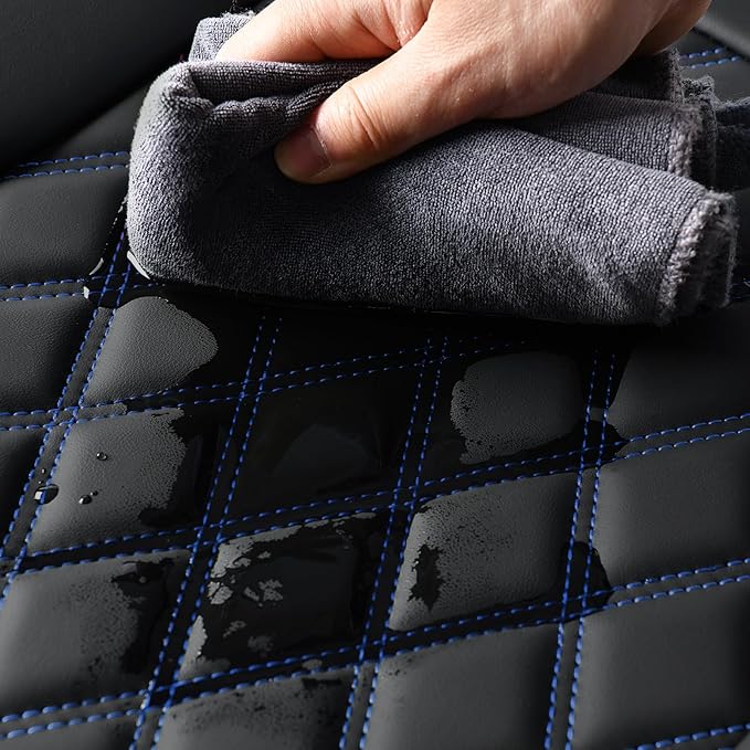 Huidasource Rear Bench Seat Covers for Cars, Waterproof Split Back Seat Cover, Leather Seat Cushion Protector Universal Fit for Most Cars Sedan SUV Pickup Truck (Back Row/Black & Blue)