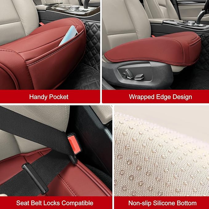 Car Seat Cover for Luxury & Comfort - PU Leather, Anti-Slip, Full Wrap Protection with Storage Pocket for Bottom Cushion - Universal Fit for 95% of Vehicles (Dull-red,1 Piece)