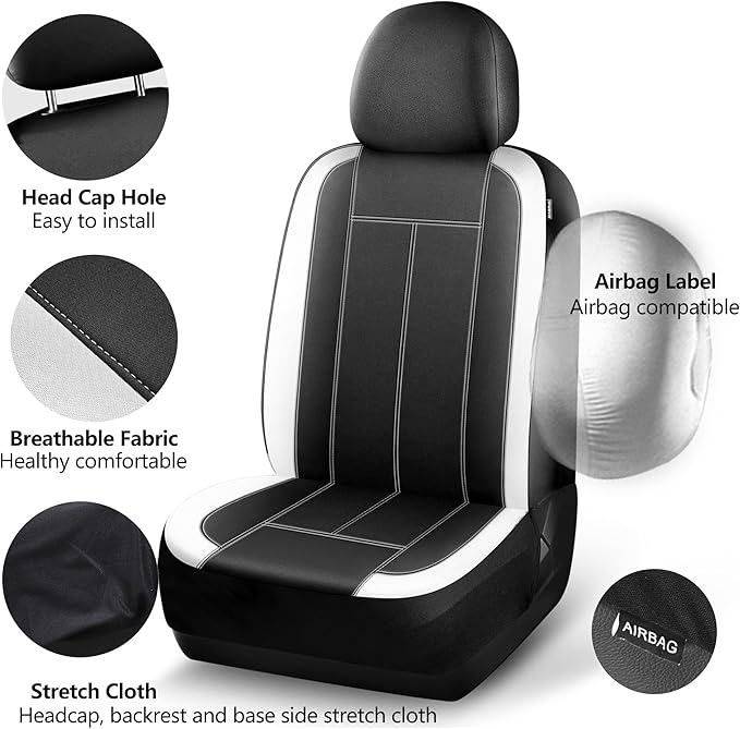 Neoprene Waterproof Car Seat Covers, Premium Cloth Seat Covers, Car Seat Cover Front Seats Airbag Compatible, Universal Automotive Comfort for Most Cars,Trucks,SUVs(Black White 816)