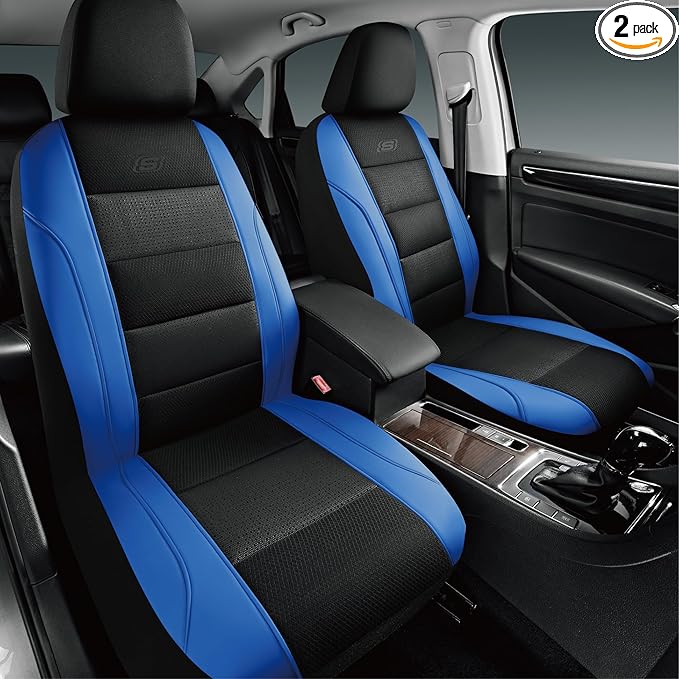 Skechers Aircooled & Memory Foam Car Seat Covers,Premium Leather with EVA Mesh Seat Covers, Front car seat Protector, Airbag Compatible, Automotive Comfort for Most Cars, Vans, Trucks, SUV,Blue