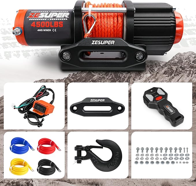 ZESUPER 4500 lb Winch Waterproof IP67 Electric Winch with Wireless Remote Synthetic Winch Rope Hawse Fairlead Handheld Remote ATV UTV Winches 12V Portable Power Winch
