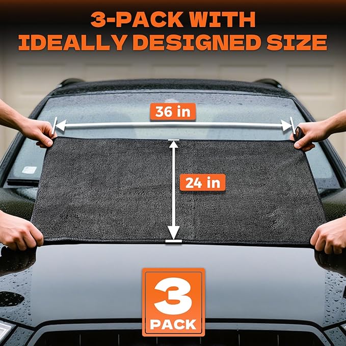3-Pack Microfiber Towels for Cars (36"x24") - Car Drying Towel, Ultra Soft & Absorbent, Streak-Free & Scratch-Free, Car Towels Drying for Auto Detailing, Trucks, SUVs