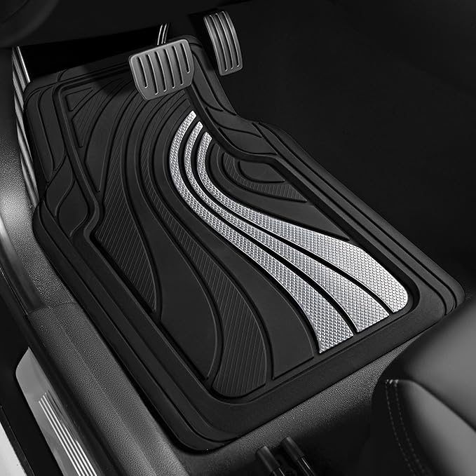 Road Comforts Car Floor Mats Full Set – Front & Rear Car Floor Mats with Aluminum Design, Anti-Slip Backing, All-Weather Protection, Trim-to-Fit Car Mats for Most Sedans, SUVs & Vans - Sliver