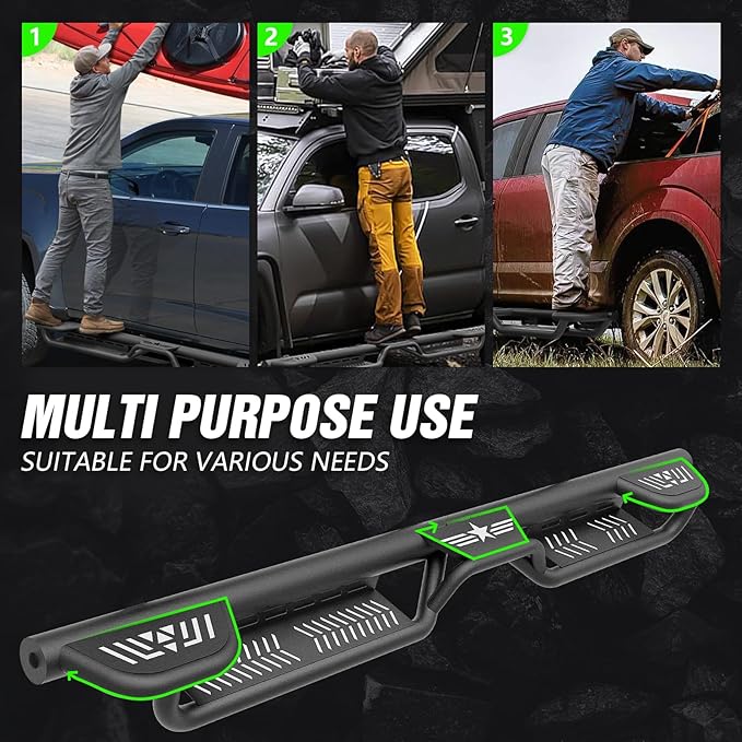 Quad Cab Three Raised Steps Running Boards Compatible for 2002-2008 Dodge Ram 1500 Quad Cab, 2003-2009 Ram 2500 3500 Double/Extended Cab Side Steps Rails Nerf Bar Two Stairs Design