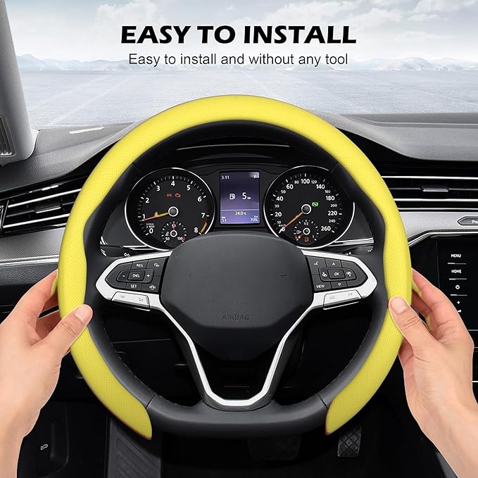 frani Leather Steering Wheel Cover, Universal 15 Inch Premium Non-Slip Steering Wheel Cover Yellow