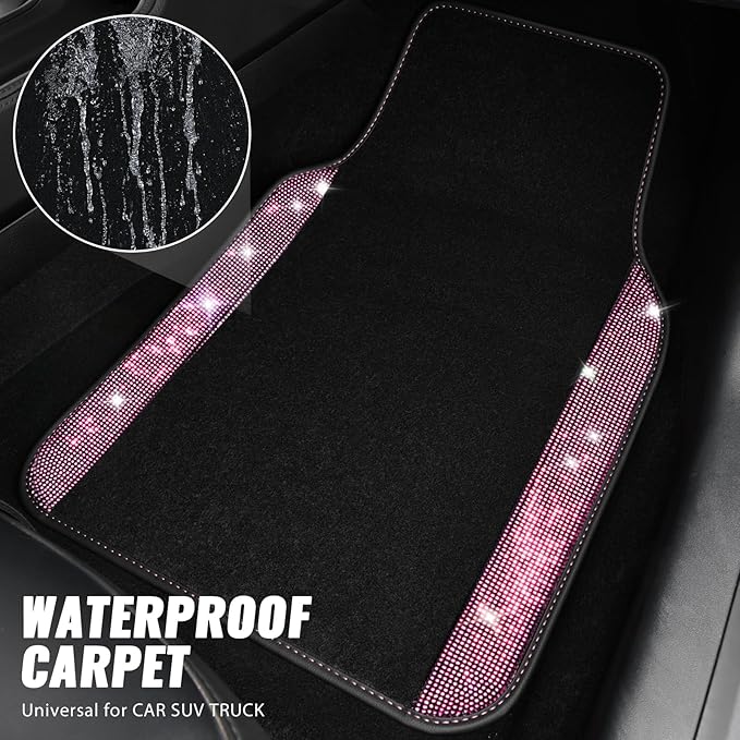 CAR PASS Bling Diamond Leather Steering Wheel Cover 14.5in-15in Floor Mats Shining Rhinestone Carpet Sparkly Glitter Crystal Anti-Slip Pad Fit Automotive SUV Pickup Truck Girl Women, 5pcs Black Pink