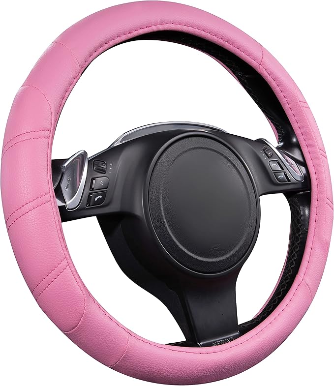 CAR PASS Line Rider Microfiber Leather Sporty 14.5-15 inch Car Steering Wheel Cover Universal Fits for 95% Cars Sedans SUV Trucks, Anti-Slip Safety Comfortable Design (Pure Pink)