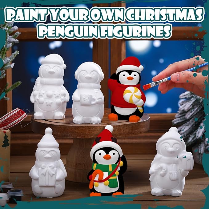 Eersida 6 Sets Christmas Penguin Ceramics to Paint Penguin Ready to Paint Your Own Ceramic Statues DIY Unpainted Ceramics Paintable Figurines Kit Crafts with Brush Palette