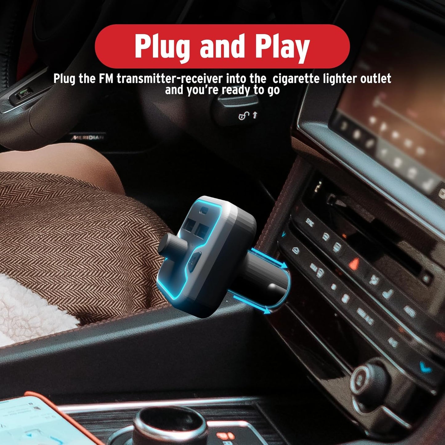 Car and Driver Bluetooth 5.0 FM Transmitter Charger, Dual USB-A and USB-C Lighter Adapter, Triple-Port Design with Fast Charging, Compatible with Mobile Alexa, Siri, and Google Assistant