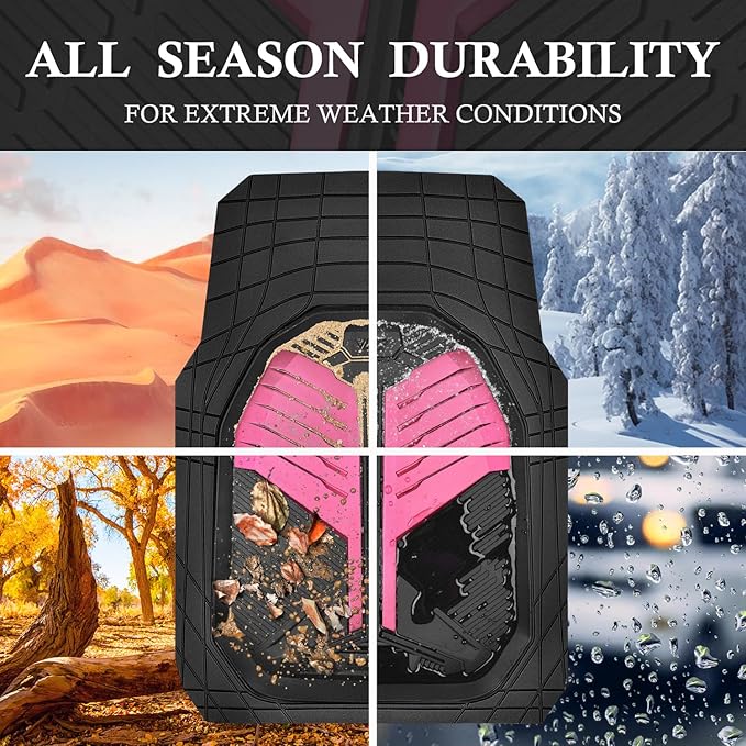 CAR PASS Heavy Duty Rubber Car Mats, Deep Dish Car Floor Mats All Weather, Car Mats Full Set 4-Piece Trim to Fit for Sedans SUVs Trucks,Women Waterproof Anti-Slip Automotive Mats, V12 Black and Pink