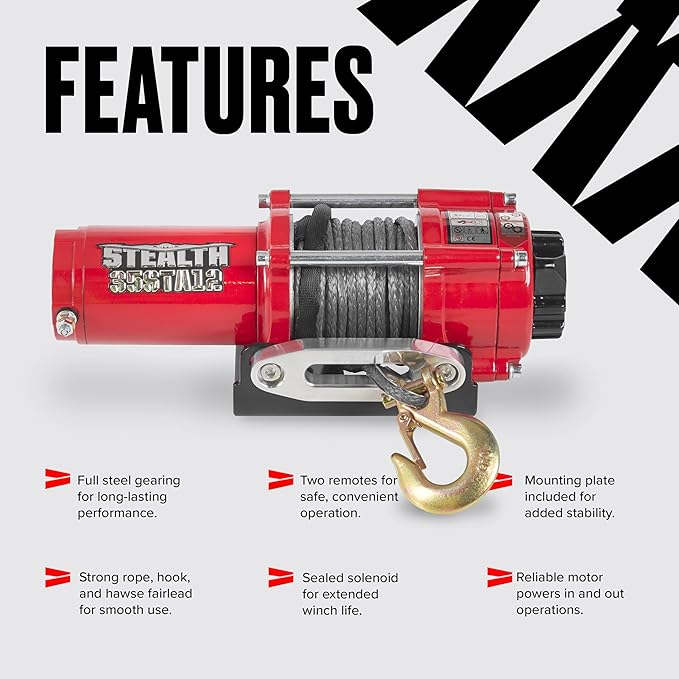 Stealth Winches 3500 lb 12V Electric Winch for ATV UTV Jeep Truck Trailer Car Towing Vehicle Recovery, Heavy Duty Off Road Winch with Remote Kit, Synthetic Rope, Hawse Fairlead & Mounting Plate