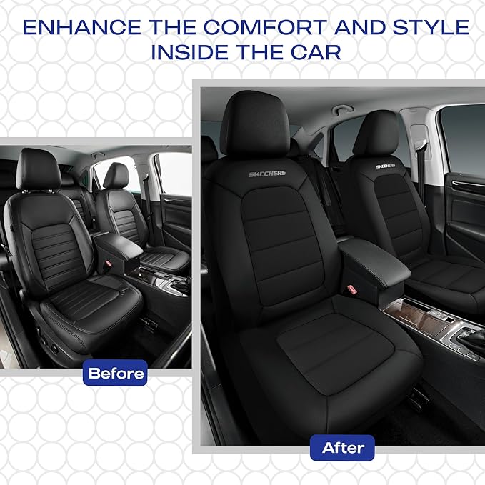 Skechers Memory Foam Car Seat Covers,Thick Cool Touch Fabric Seat Covers Front Seat Covers Airbag Compatible,Automotive Comfort Protection for Most Cars,Vans,Trucks,SUV,Black