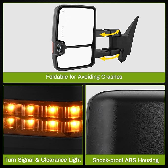AUTOSAVER88 Towing Mirrors Compatible with 2007-2013 Chevy Silverado GMC Sierra 1500 2500HD 3500HD Extendable Power Heated Amber LED Turn Signal Manual Telescoping Folding Black Housing