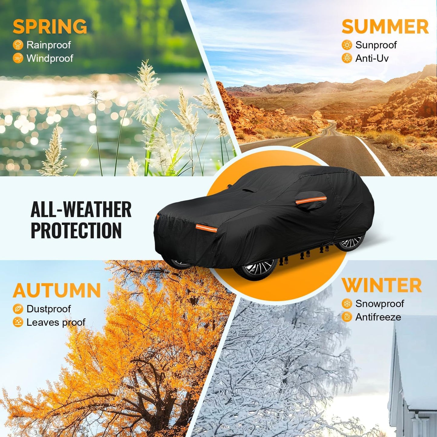 30 Layers SUV Car Cover for Automobiles All Weather Waterproof, Outdoor Snowproof UV Protection Windproof, Door Zipper, Soft Cotton, Heavy Duty Universal Car Covers, (Black, Fit SUV 171"-180")