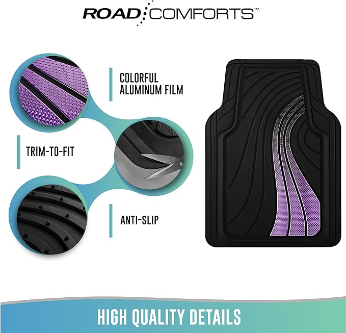 Road Comforts Car Floor Mats Full Set – Front & Rear Car Floor Mats with Aluminum Design, Anti-Slip Backing, All-Weather Protection, Trim-to-Fit Car Mats for Most Sedans, SUVs & Vans - Purple