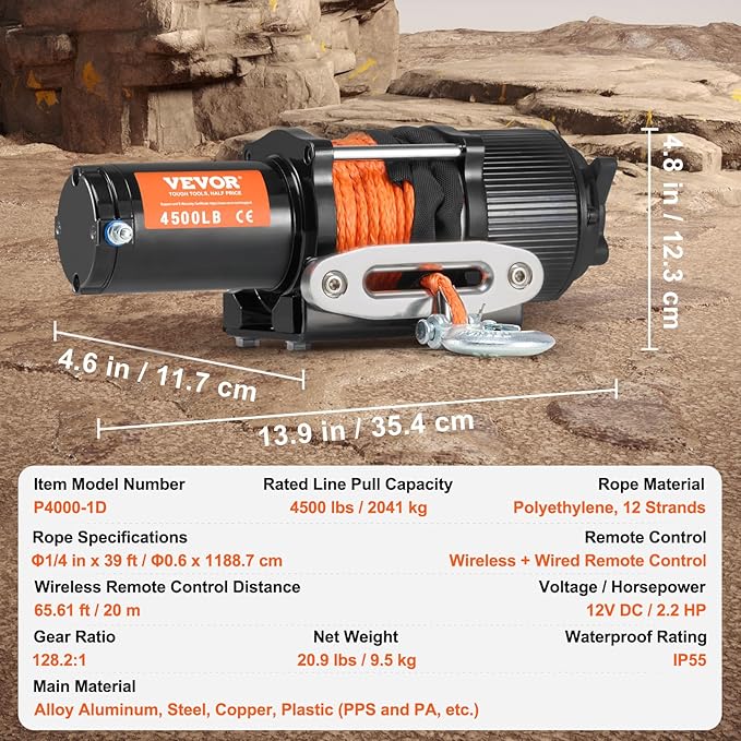 VEVOR ATV Winch, 4500 lb Electric Winch with Synthetic Rope, 12V DC ATV UTV Winch 1/4 in x 39 ft Aluminum Fairlead Wired Remote Control, IP55 Waterproof for Towing Boat Off Road Recovery