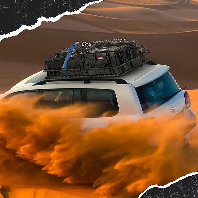 Mockins 50"x36"x4.5" Extendable Roof Rack Cargo Carrier for Top of Vehicle | 250 Lbs. Cap Weatherproof Steel Car Rooftop Cargo Carrier Basket | Heavy Duty Roof Rack Basket Set w/Straps & Bungee Net