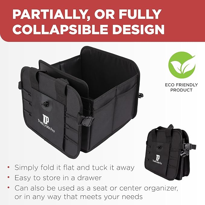 TRUNKCRATEPRO Car Organizers and Storage Premium Adjustable Multi Compartments Car Storage Organizer | Portable and Foldable SUV Trunk Organizer for Car (Standard Size, 20.86"L x 13.4"W x 10"H )-Black
