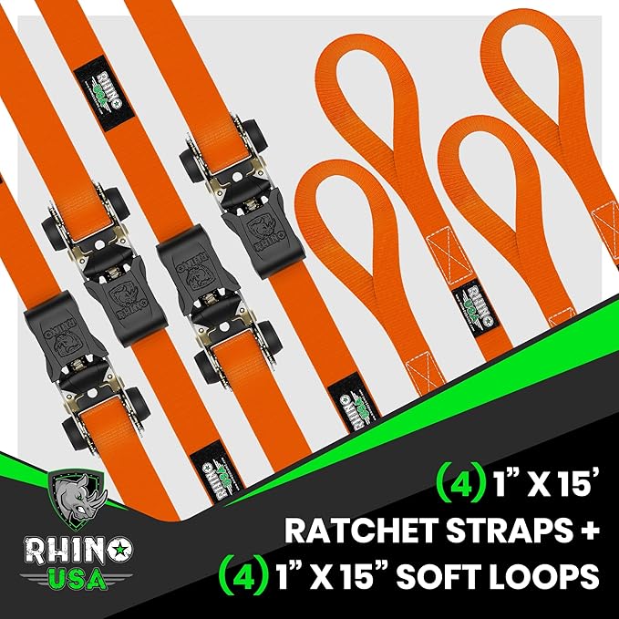 Rhino USA Ratchet Straps Tie Downs (4-Pack) - 1 Inch x 15 Feet (1,823lb Break Strength) - Ultimate Tie Down Straps with Safety S Hooks - for Trucks, Cargo, Moving, Appliances - Orange