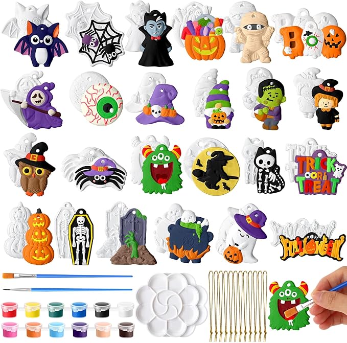 Seenelling 24 Sets Halloween DIY Painting Kits Paint Your Own Ceramics Pumpkin Ghost Unpainted Plaster Statues Arts and Crafts with Brush, Lanyard for Kids Halloween Gifts Party Decor (Classic)