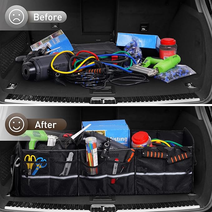 HIRALIY 4 in 1 Car Trunk Storage Organizer, Multi Compartment Foldable Trunk Storage Box with Leakproof Insulated Bag for Car Truck SUV