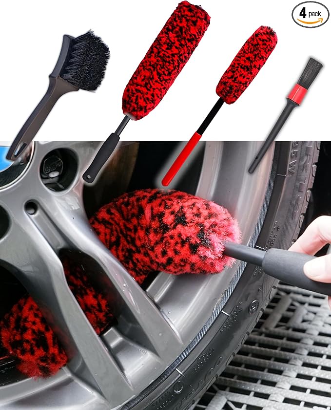 Professional 4 Pack Long Handle Wheel Brush Kit for Cleaning Wheel and Tire- 2X Soft Wheel Cleaning Brush, Detailing Brush and Stiff Tire Brush, Bendable& Durable Wheel Rim Cleaner Brush Set