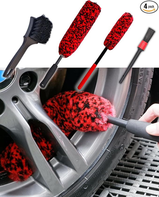 Professional 4 Pack Long Handle Wheel Brush Kit for Cleaning Wheel and Tire- 2X Soft Wheel Cleaning Brush, Detailing Brush and Stiff Tire Brush, Bendable& Durable Wheel Rim Cleaner Brush Set