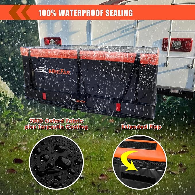 MeeFar Hitch Mount Cargo Carrier Bag Soft Shell 100% Waterproof 20 Cubic Feet (59" 24" 24") Include 8 Reinforced Straps for Truck Pickup All Vehicle with Steel Cargo Basket