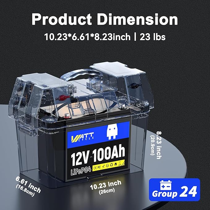 WattCycle 12V 100Ah LiFePO4 Battery, BCI Group 24, 15000 Deep Cycles, Built-in 100A Smart BMS, Low-Temperature Protection, Grade A for RVs, Golf Cart, Marine, Home Energy Storage, Solar Systems