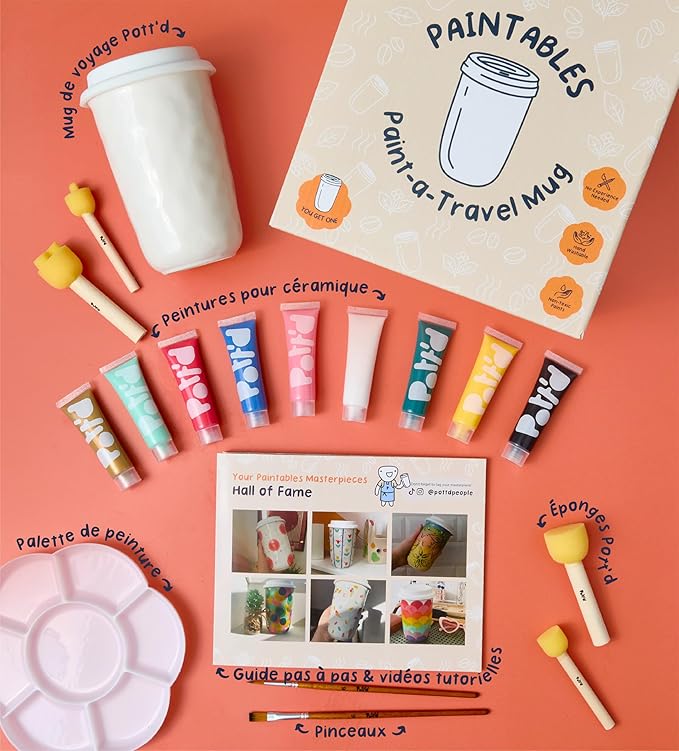 Pott’d Paintables Paint-a-Travel Mug Kit, DIY Pottery Painting Kit for Adults with Travel Mug, Paints, Brushes, Sponges, Palette and Guide, Craft Kit for Adults, Ideal for Personalised Gifts