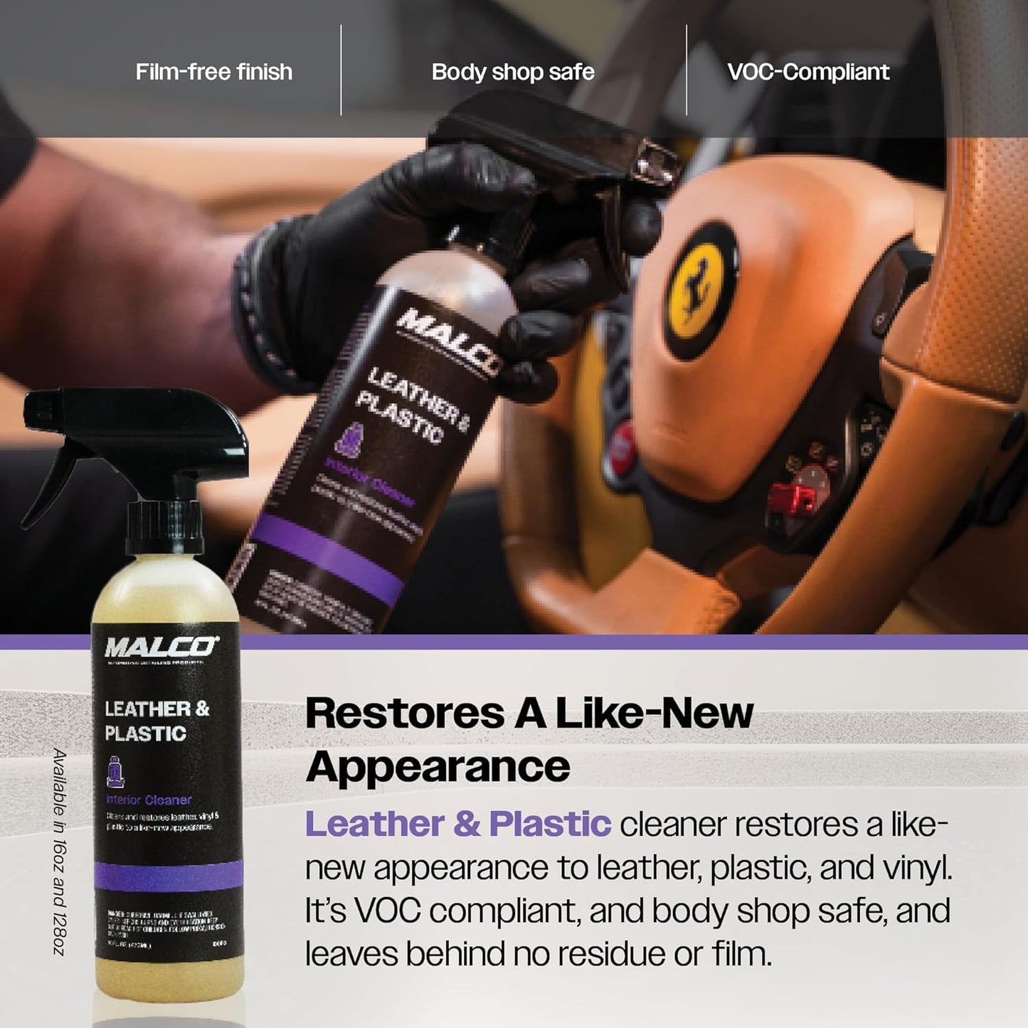 Malco Leather & Plastic Cleaner – Penetrates Deep to Remove Dirt, Grime and Oily Soils/Restores Leather, Plastic and Vinyl/Leaves Surfaces Clean, Shiny and Film-Free / 1 Gallon (100101)