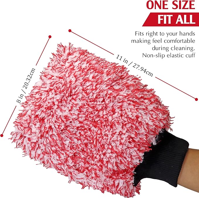 TAKAVU Microfiber Cleaning Mitt, 2 Pack Premium Cyclone Car Washing Gloves, Scratch-Free Lint-Free Wash Mitts, Holds Tons of Sudsy Water for Effective Washing, Machine Washable (Red & White)