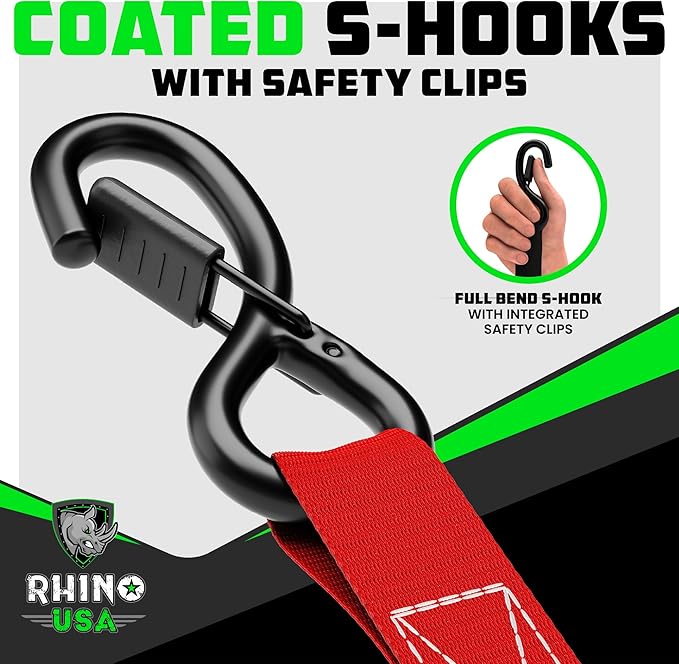 Rhino USA Ratchet Straps Tie Downs (4-Pack) - 1 Inch x 15 Feet (1,823lb Break Strength) - Ultimate Tie Down Straps with Safety S Hooks - for Trucks, Cargo, Moving, Appliances - Red