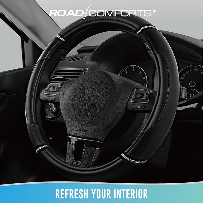 Road Comforts Leather Steering Wheel Cover - Made with PVC Leather - Anti-Slip, Universal Fit 14 1/2 inches to 15 inches - Black