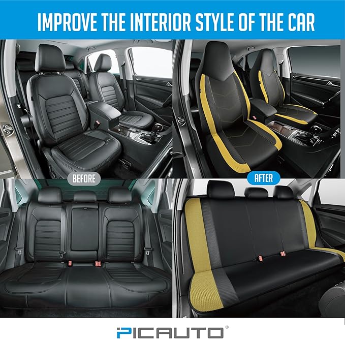 PIC AUTO Leather Car Seat Covers, Sports Carbon Fiber & Mesh Design, High-Back Front & Rear Full Set, Waterproof Automotive Seat Covers, Airbag Compatible, Universal Fit for Most Cars (Black & Yellow)