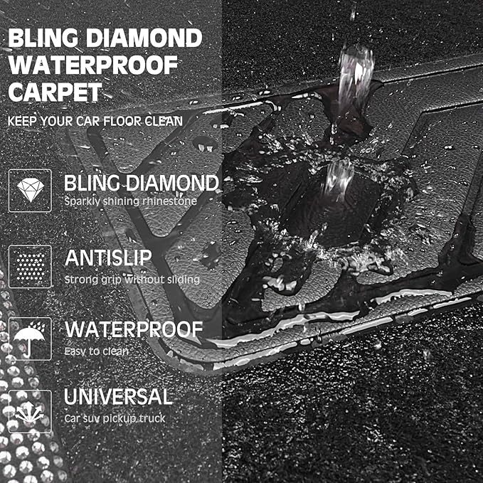 CAR PASS Bling Diamond Leather Steering Wheel Cover 14.5in-15in Floor Mats Shining Rhinestone Carpet Sparkly Glitter Crystal Anti-Slip Pad Fit Automotive SUV Pickup Truck Girl Women, 5pcs Black Sliver